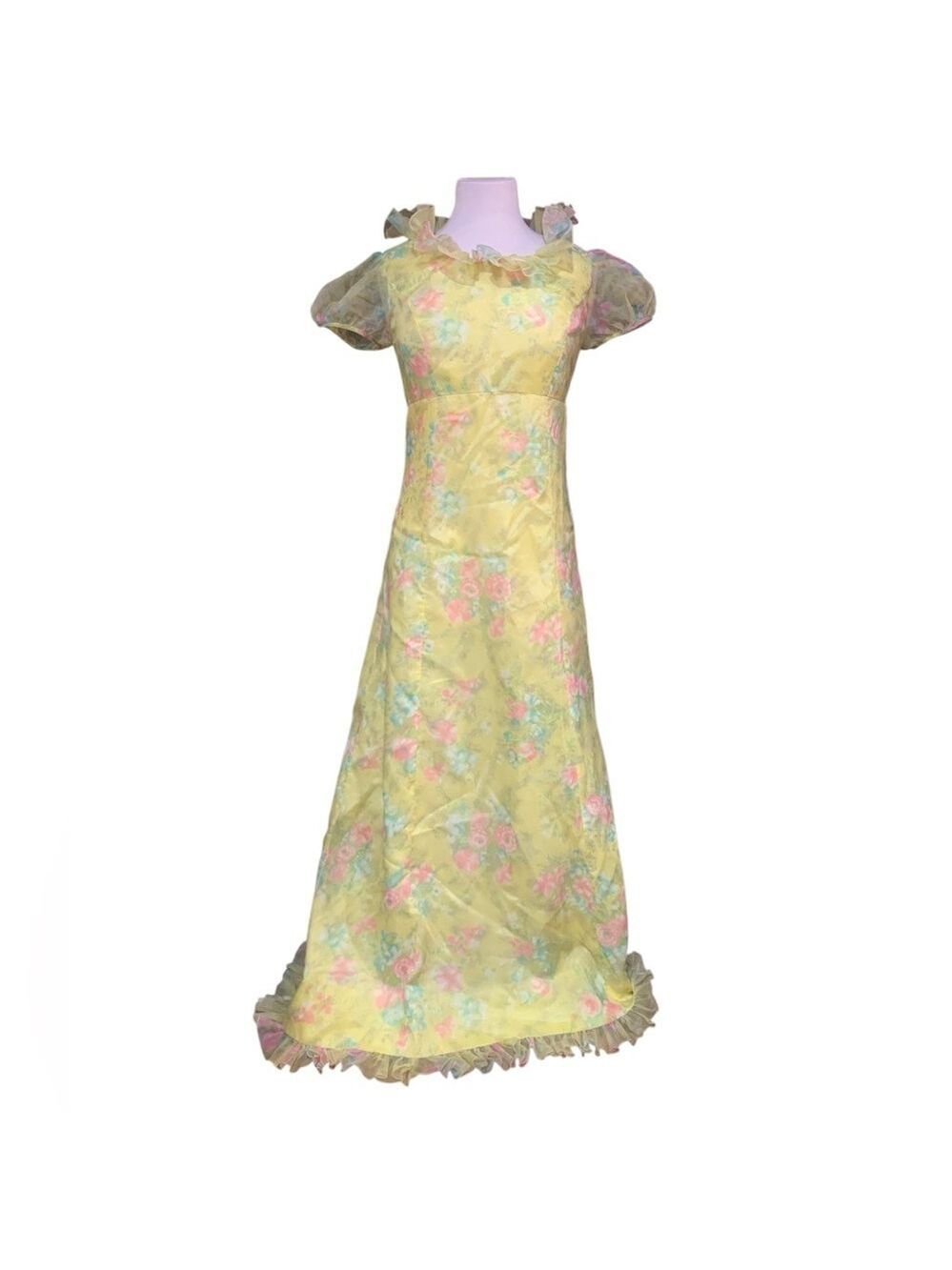 Vintage 60’s pastel floral Bridgerton style maxi dress with sheer cap sleeves